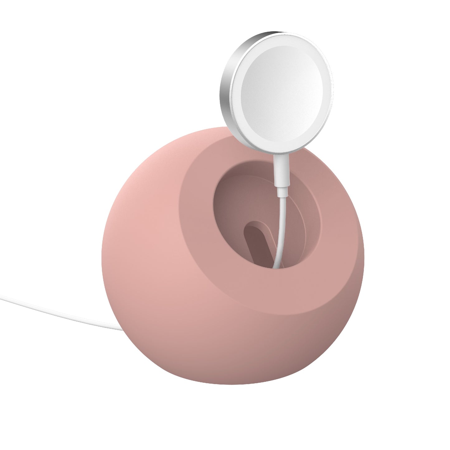 Der arktis Apple Watch Orbit Stand von arktis ist ein runder, rosafarbener Halter für Ihr rundes, magnetisches Ladegerät mit weißem Kabel - perfekt für kabelloses Laden.