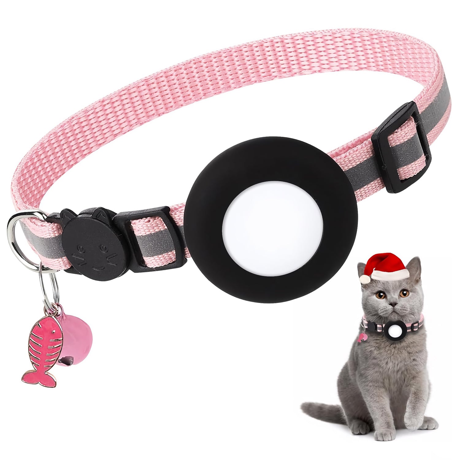 Das arktis Katzenhalsband für AirTags in Pink mit Glöckchen hält Ihre Katze sicher im Blick; Perfekt, um Ihre Katze mithilfe von AirTags einfach zu verfolgen. Ideal für graue Katzen – auch mit süßer Weihnachtsmütze!.