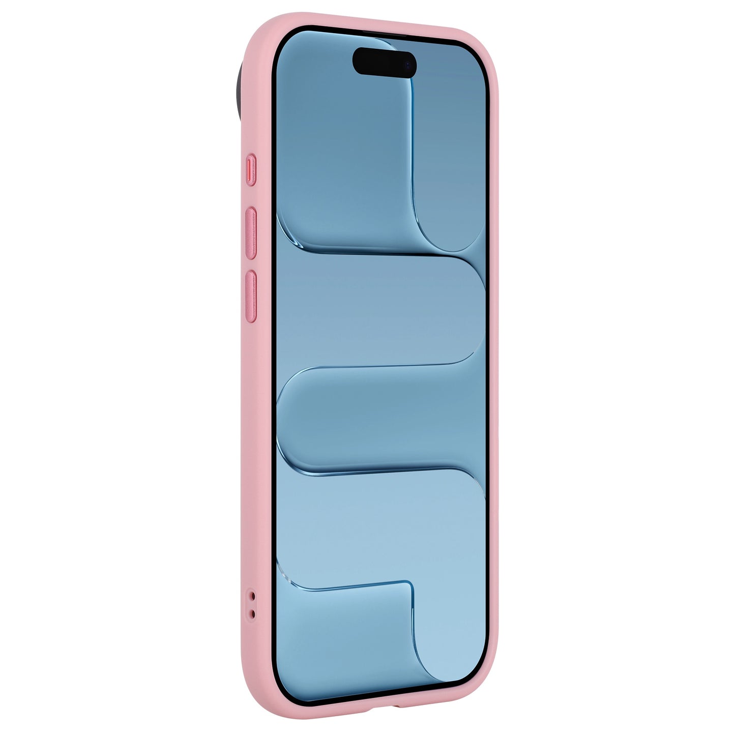 Das iPhone Air Solid Case von Arktis aus rosafarbenem TPU-Silikon wird auf einem iPhone gezeigt, das in der schrägen Seitenansicht ein blaues, abstraktes Design auf dem Bildschirm zeigt.