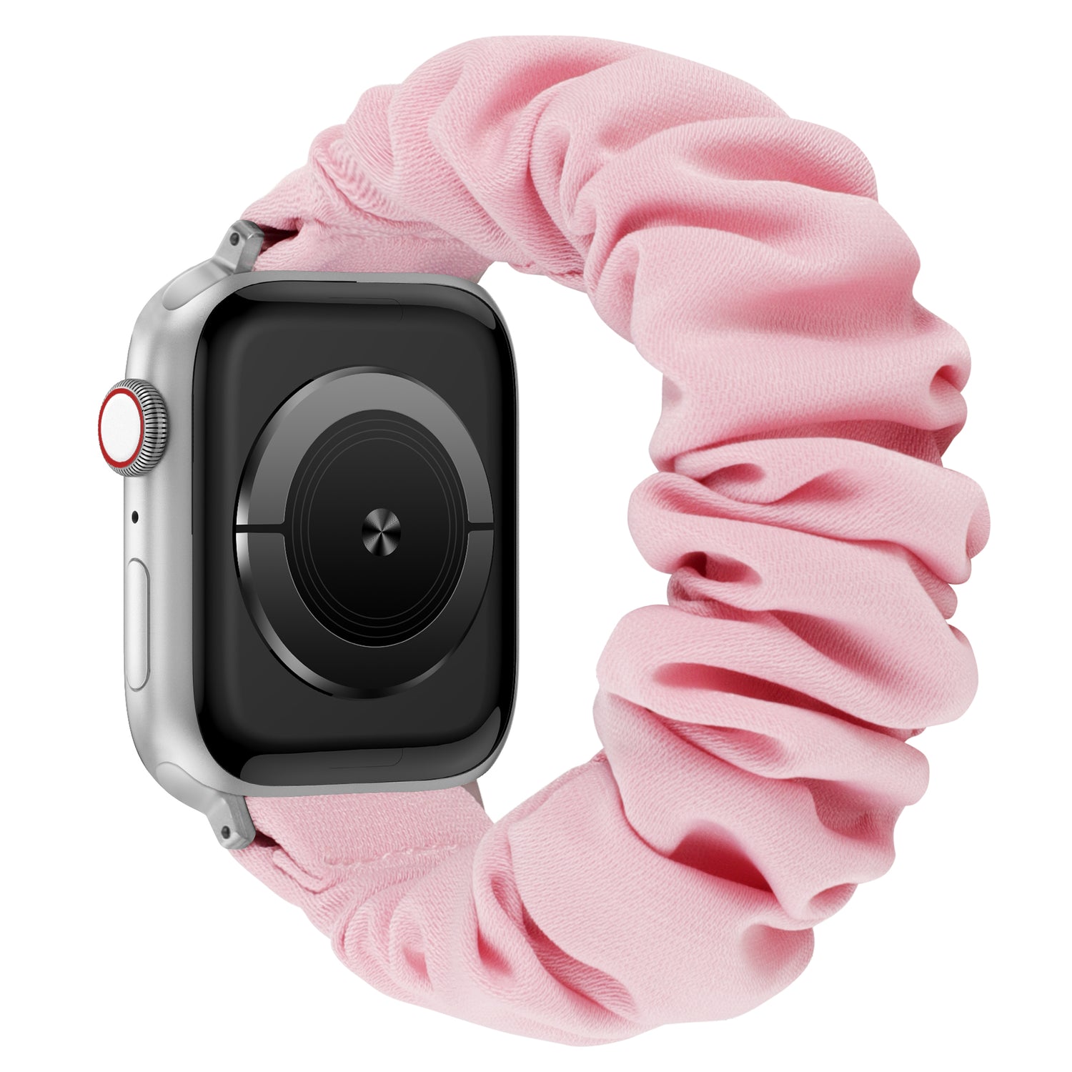 Silberne Smartwatch mit leerem Bildschirm, mit dem arktisband Apple Watch Armband "Elanora" - einem rosafarbenen, dehnbaren Nylonband im Scrunchie-Stil von arktisband.