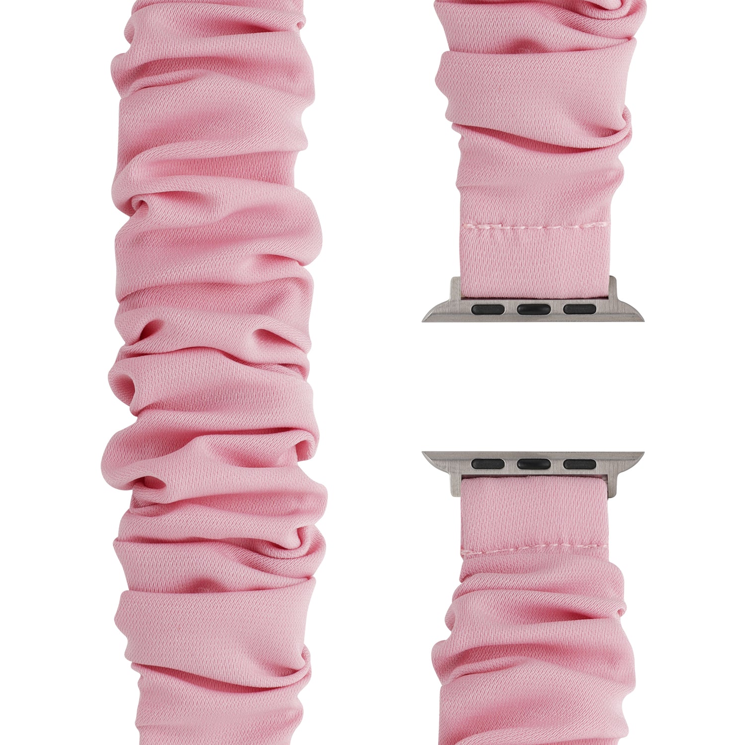 Das arktisband Apple Watch Armband "Elanora" aus rosa gerafftem Stretch-Nylon mit silbernem Stecker von arktisband, dargestellt aus mehreren Blickwinkeln auf weißem Hintergrund.