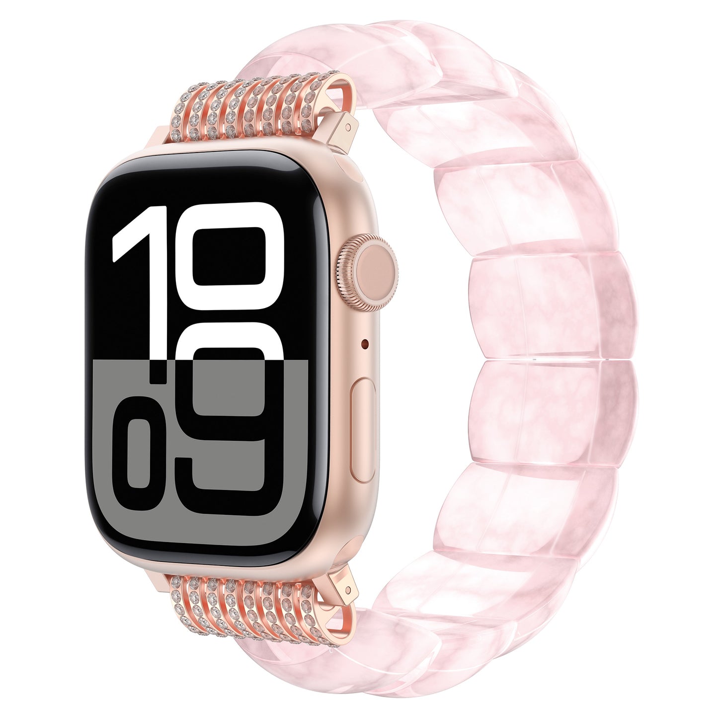 Die arktisband Apple Watch "Stone Pearl" von arktisband hat ein rosafarbenes, klobiges Gliederband mit dehnbarem Gummizug-Verschluss und zeigt eine große Digitaluhr mit der Uhrzeit 10:09.