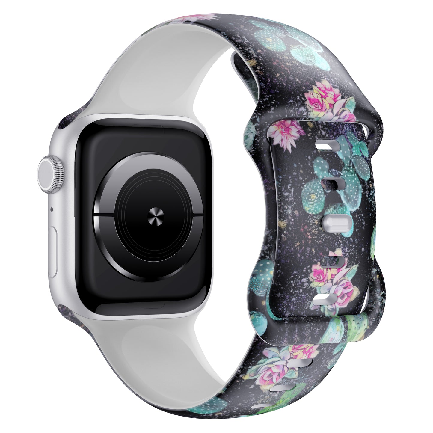 Das arktisband Desert Apple Watch Armband von arktisband verfügt über ein floral gemustertes Silikonband mit rosafarbenen Blumen und grünen Blättern auf dunklem Hintergrund - ideal für den Sport oder das tägliche Tragen.