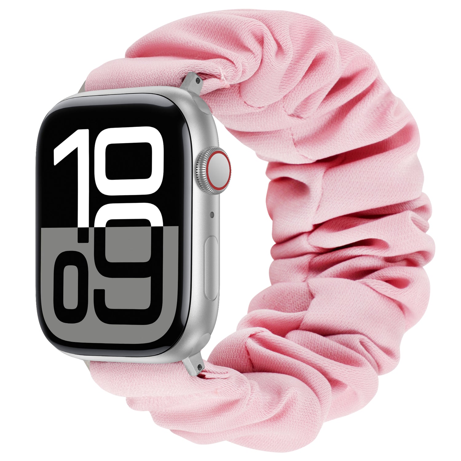 Das arktisband Apple Watch Scrunchie Armband "Elanora" verfügt über ein großes digitales Display und ein bequemes, stylisches rosa Stoff-Scrunchie-Band von arktisband.