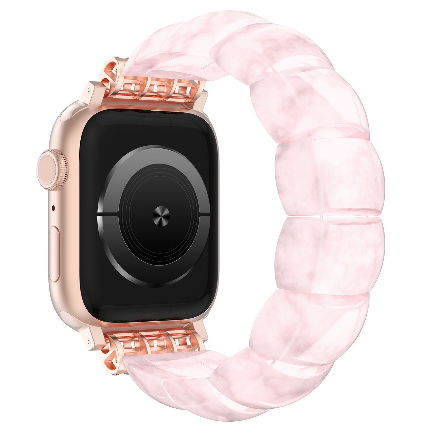 Die arktisband Apple Watch "Stone Pearl" von arktisband ist eine roségoldene Smartwatch mit einem klobigen, rosafarbenen, halbtransparenten Gliederkettenband und einem elastischen Stretch-Verschluss, abgebildet auf weißem Hintergrund.