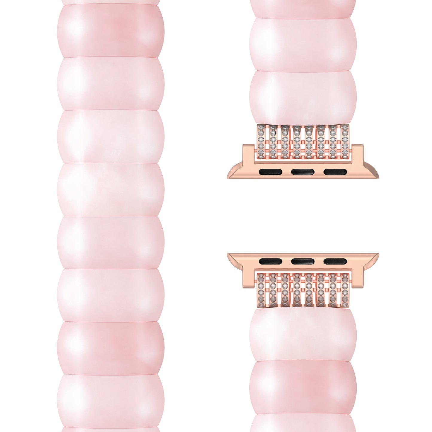 Nahaufnahme des Arktisbandes Apple Watch "Stone Pearl" in Pink, mit roségoldenen und strassbesetzten Anschlüssen und einem dehnbaren Gummizug-Verschluss für leichten Tragekomfort.