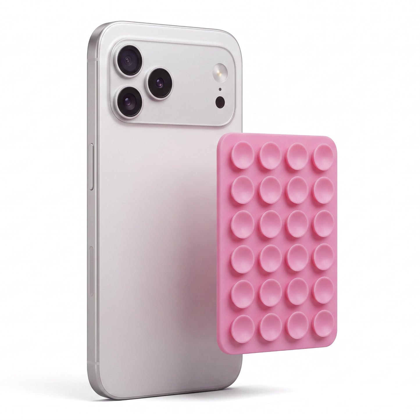 Ein weißes Smartphone mit einer pinkfarbenen „Arktis MagSafe“-Saugnapf-Handyhalterung auf der Rückseite, vor einem weißen Hintergrund.