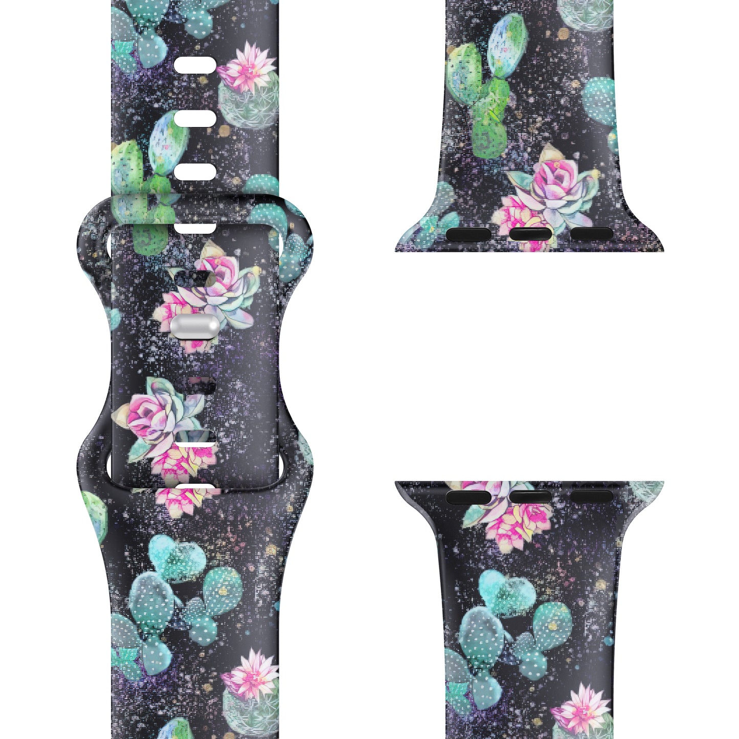 Das arktisband Desert Apple Watch Armband hat einen dunklen Hintergrund mit Kaktus- und rosafarbenen Sukkulentenmustern - ideal für sportliche Aktivitäten dank des stylischen Silikon-Designs von arktisband.