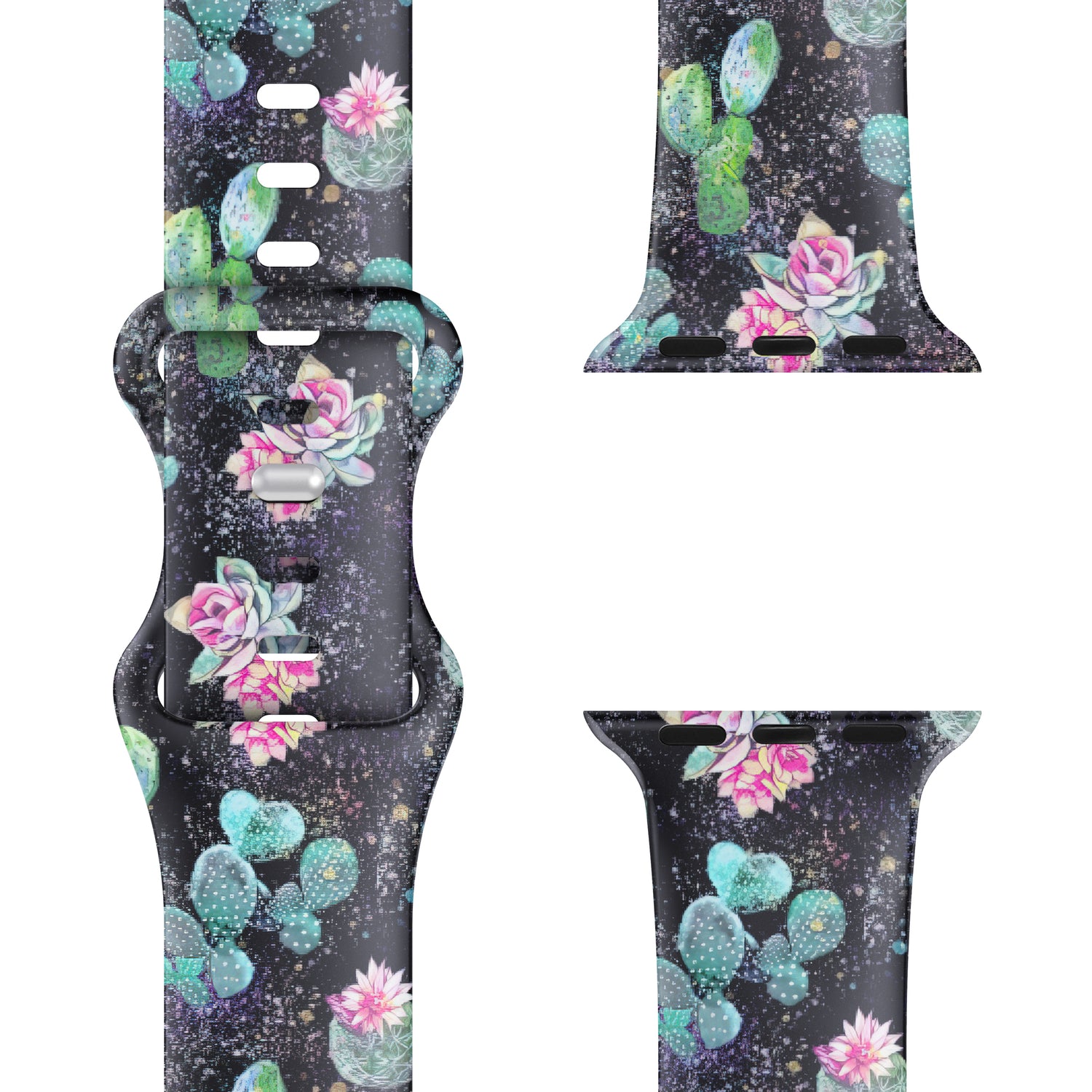 Das arktisband Desert Apple Watch Armband hat einen dunklen Hintergrund mit Kaktus- und rosafarbenen Sukkulentenmustern - ideal für sportliche Aktivitäten dank des stylischen Silikon-Designs von arktisband.