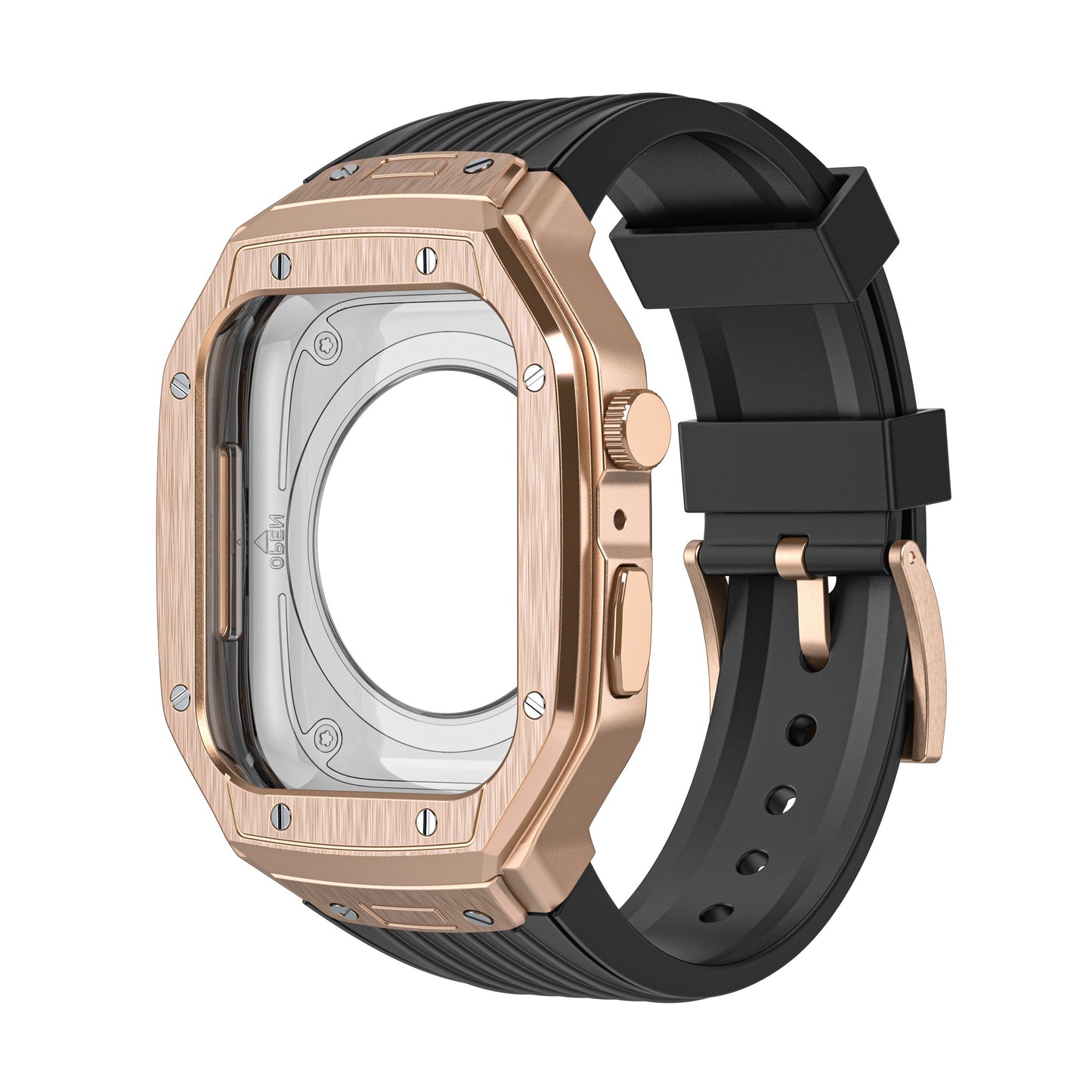 Das arktisband Apple Watch Armband "Metal Fusion" hat ein roségoldenes und schwarzes Gehäuse ohne Zifferblatt, ergänzt durch ein schwarzes Silikonarmband.