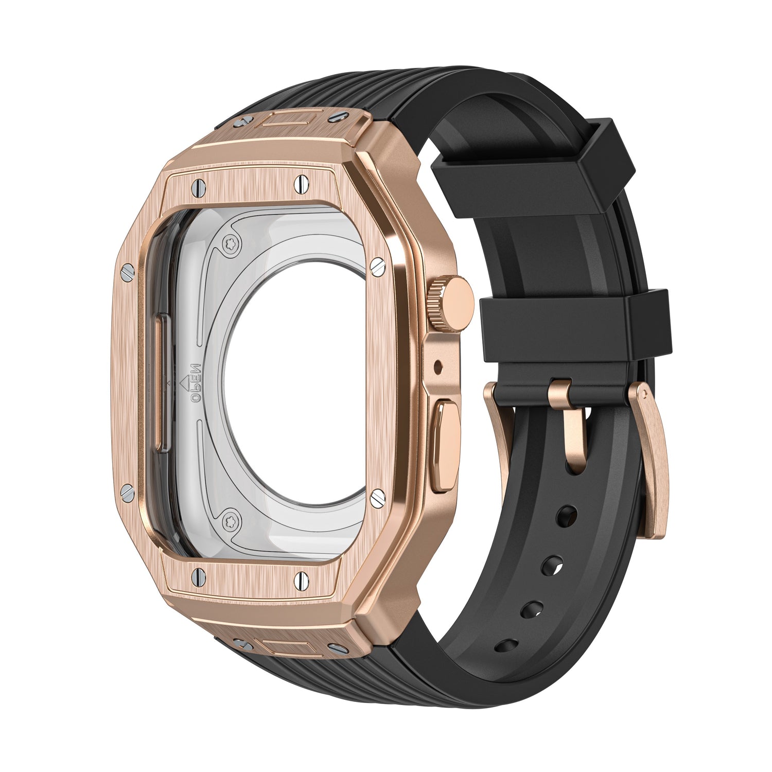 Das arktisband Apple Watch Armband "Metal Fusion" hat ein roségoldenes und schwarzes Gehäuse ohne Zifferblatt, ergänzt durch ein schwarzes Silikonarmband.