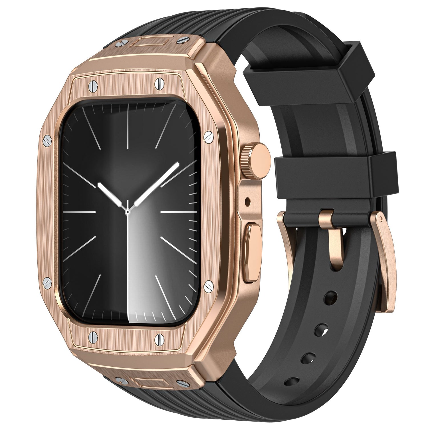 Das arktisband Apple Watch Armband "Metal Fusion" hat ein rechteckiges Design in Roségold und Schwarz mit einem schwarzen Silikonband.