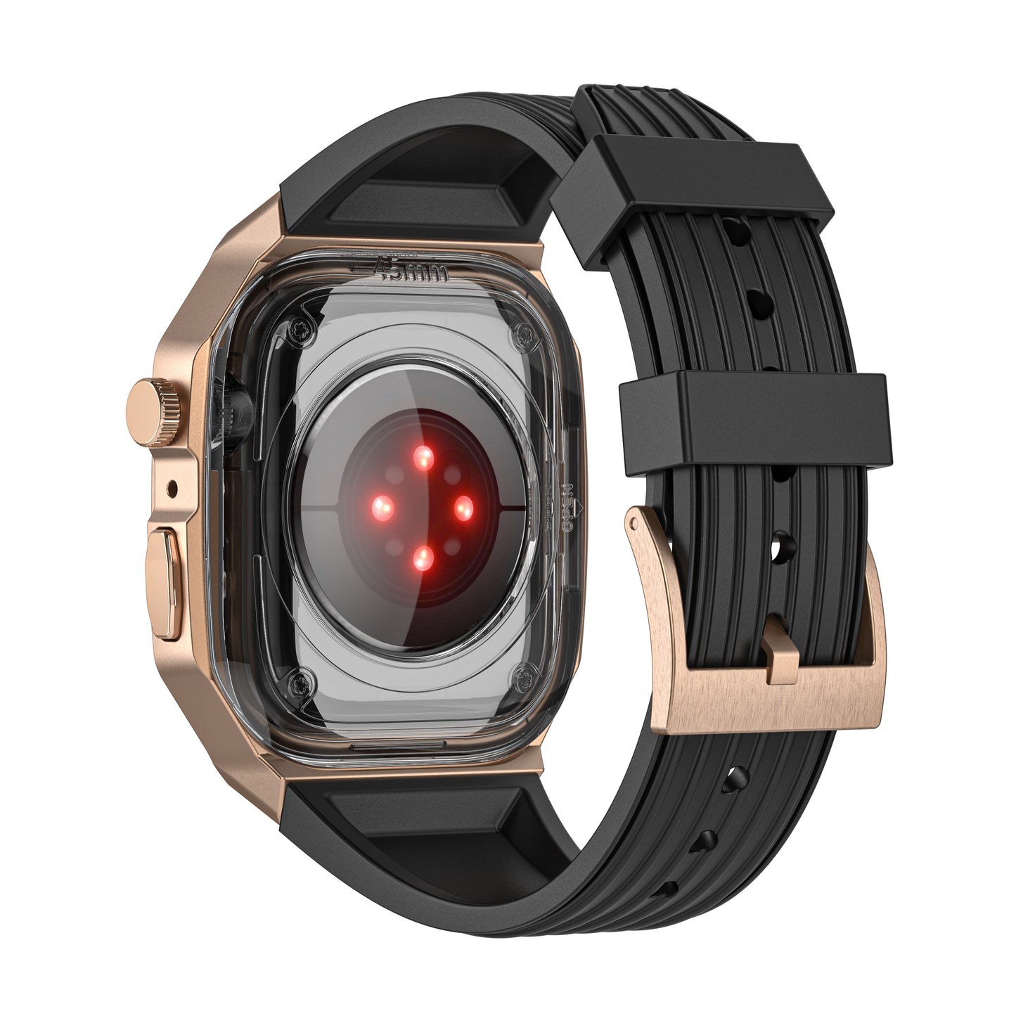 Rückansicht des arktisband Apple Watch Armbands "Metal Fusion" mit schwarzem Band, roségoldenem Gehäuse und rot leuchtenden Sensorleuchten.