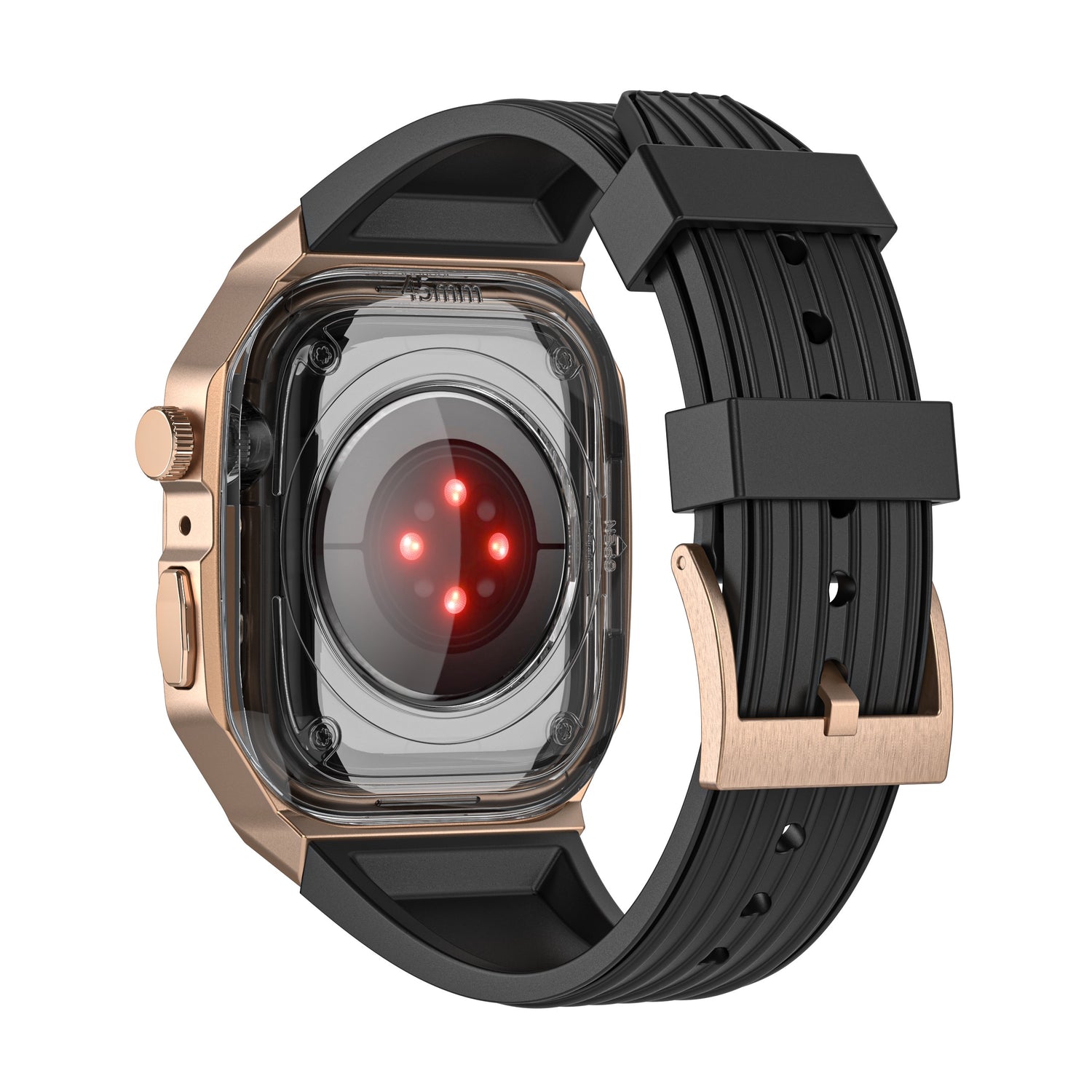 Rückansicht des arktisband Apple Watch Armbands "Metal Fusion" mit schwarzem Band, roségoldenem Gehäuse und rot leuchtenden Sensorleuchten.