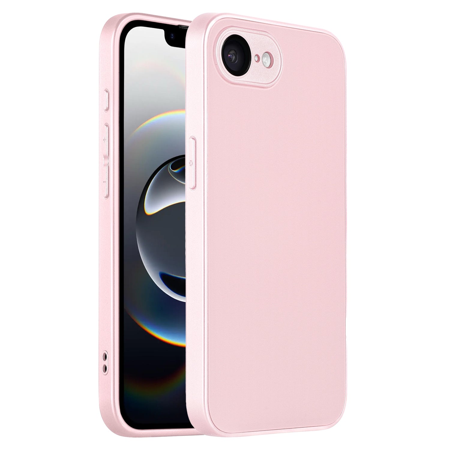 Das arktis iPhone 16e Tech Case von arktis aus stoßabsorbierendem TPU-Silikon in Hellrosa zeigt ein iPhone 16e mit leicht nach links gedrehtem Display, sichtbarer Rückkamera, abgerundeten Kanten und seitlichen Tasten.