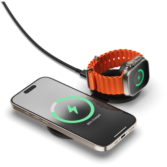 Mit dem Satechi OntheGo 2-in-1 Wireless Charger können Sie Ihr Smartphone und Ihre Smartwatch mit dem orangefarbenen Band kabellos aufladen. Die MagSafe-kompatible Technologie sorgt für eine nahtlose Stromversorgung - genau wie ein Qi2 Magnetic Wireless Car Charger.