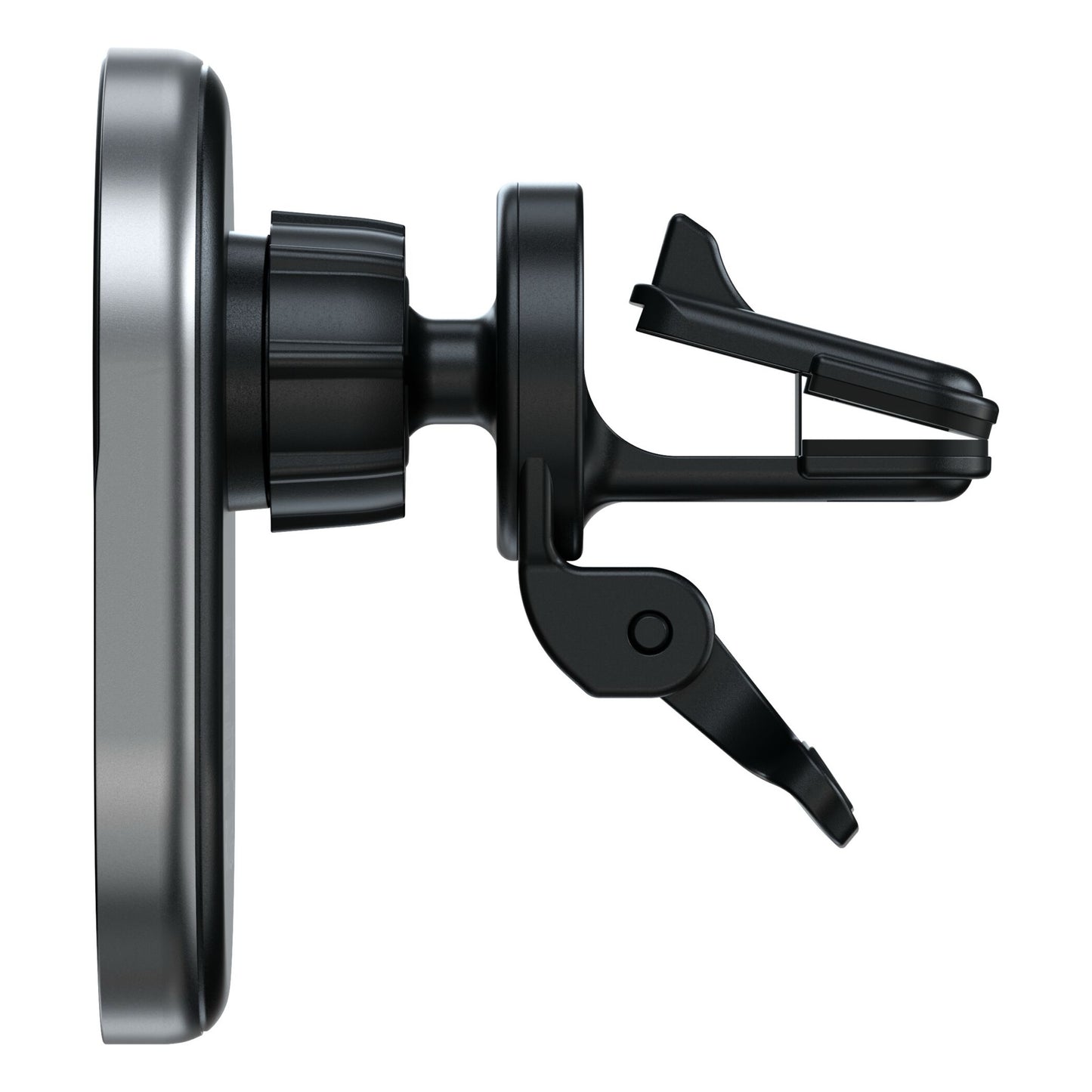 Seitenansicht des Satechi Qi2 Magnetic Wireless Car Charger, einer MagSafe-kompatiblen Halterung mit einer Klammer zur Befestigung an der Lüftungsöffnung - ideal als kabelloses Ladegerät Auto von Satechi.