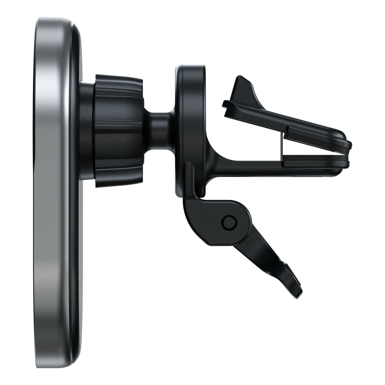 Seitenansicht des Satechi Qi2 Magnetic Wireless Car Charger, einer MagSafe-kompatiblen Halterung mit einer Klammer zur Befestigung an der Lüftungsöffnung - ideal als kabelloses Ladegerät Auto von Satechi.