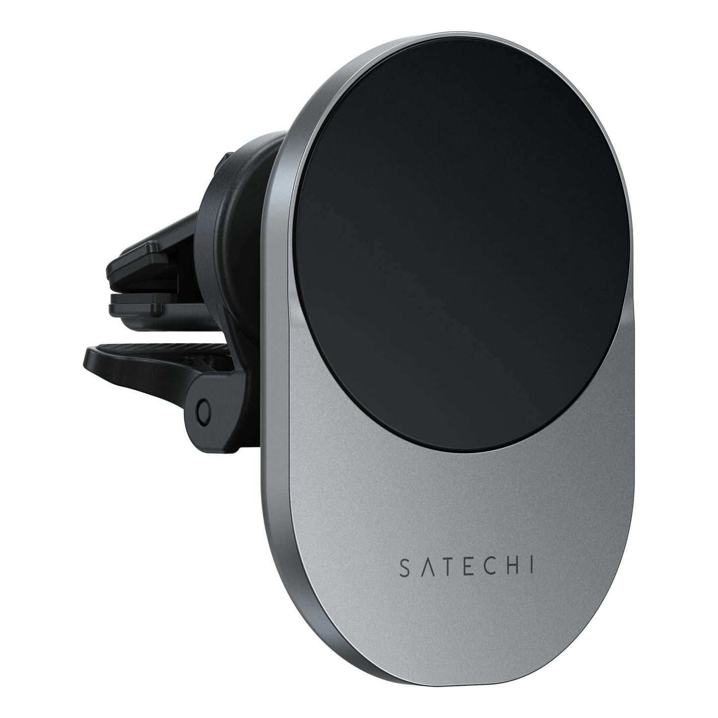 Das Satechi Qi2 Magnetic Wireless Car Charger ist ein elegantes, silbernes und schwarzes Ladegerät für die Lüftungsschlitze im Auto, MagSafe-kompatibel für nahtloses Laden.