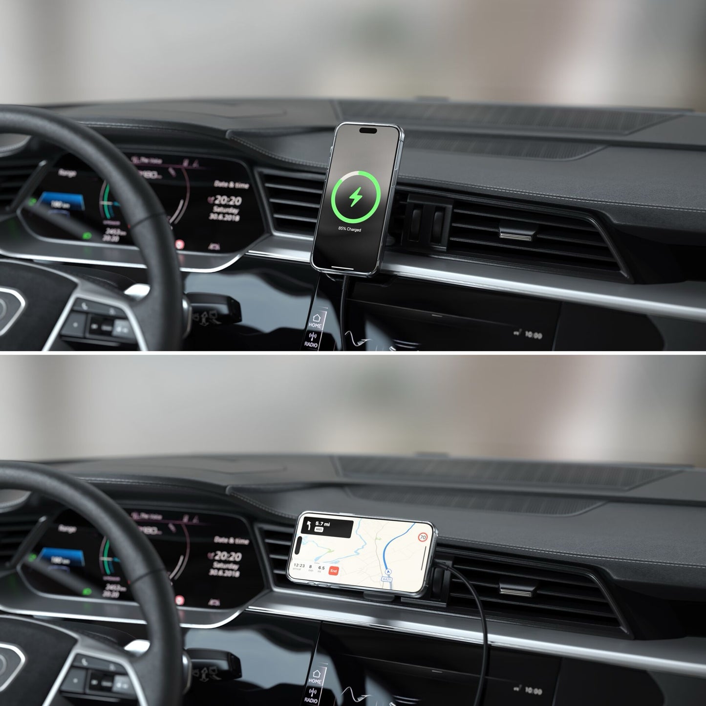 Mit dem Satechi Qi2 Magnetic Wireless Car Charger wird ein Smartphone im Auto befestigt und vertikal geladen, während die Navigation horizontal angezeigt wird.