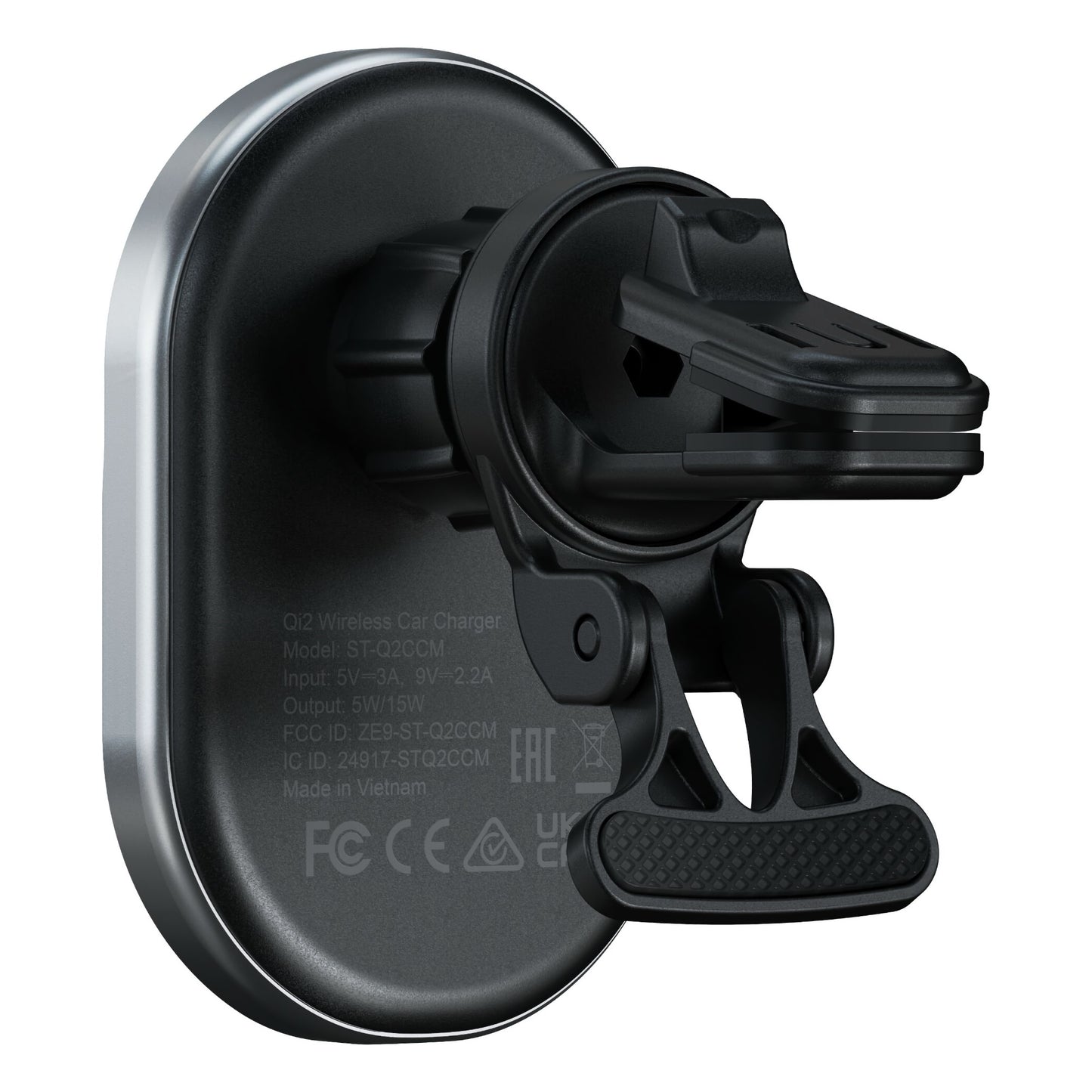 Das Satechi Qi2 Magnetic Wireless Car Charger mit einer Halterung im Klammerstil hält Ihr Gerät sicher fest und sorgt für schnelles Aufladen während der Fahrt. Von der Rückseite aus betrachtet, sorgt dieses Satechi-Ladegerät für zuverlässiges kabelloses Laden in Ihrem Auto.