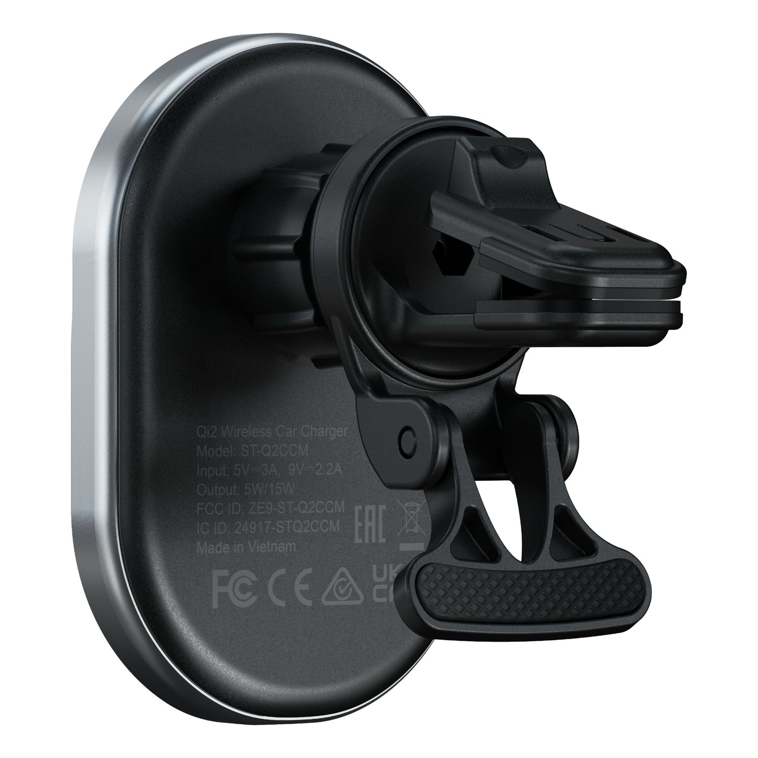 Das Satechi Qi2 Magnetic Wireless Car Charger mit einer Halterung im Klammerstil hält Ihr Gerät sicher fest und sorgt für schnelles Aufladen während der Fahrt. Von der Rückseite aus betrachtet, sorgt dieses Satechi-Ladegerät für zuverlässiges kabelloses Laden in Ihrem Auto.