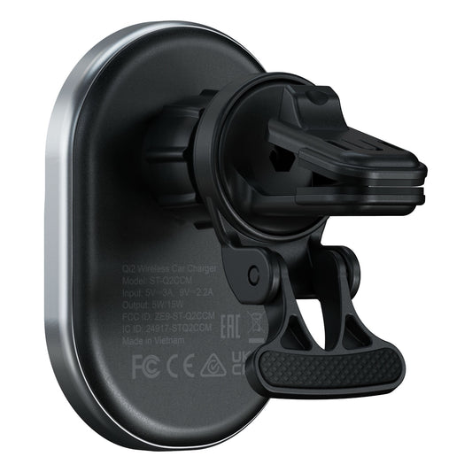 Das Satechi Qi2 Magnetic Wireless Car Charger mit einer Halterung im Klammerstil hält Ihr Gerät sicher fest und sorgt für schnelles Aufladen während der Fahrt. Von der Rückseite aus betrachtet, sorgt dieses Satechi-Ladegerät für zuverlässiges kabelloses Laden in Ihrem Auto.