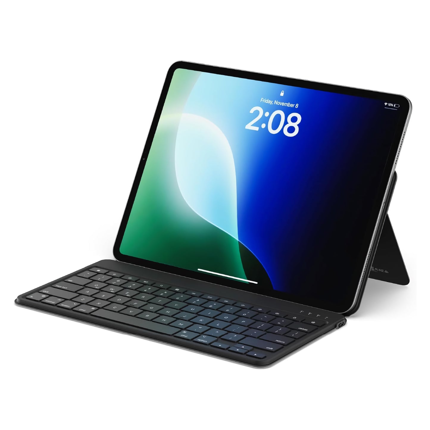 Die Satechi OntheGo Bluetooth-Tastatur mit Ständer, die mit ihrem Bildschirm bei 2:08 gezeigt wird, ist auf einem schlichten weißen Hintergrund aufgebaut - ideal für die Kopplung mit kabellosem MagSafe Ladegerät Auto zum einfachen Aufladen unterwegs.