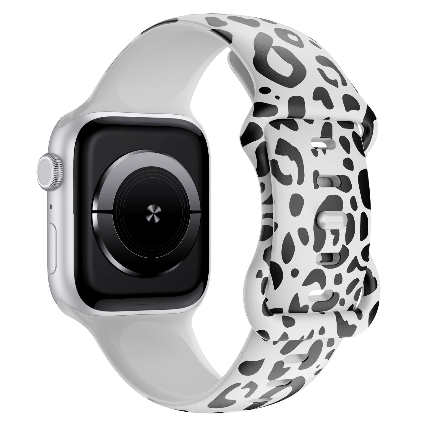 Das arktisband Snow Leopard Apple Watch Armband zeigt einen schwarzen und grauen Leopardenprint auf einem weißen Silikonband - ein ideales stylisches Apple Watch Zubehör von arktisband.