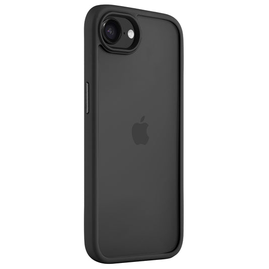 Schwarzes iPhone mit arktis iPhone 17e Solid Case von arktis in mattem Schwarz, von hinten und leicht seitlich betrachtet.