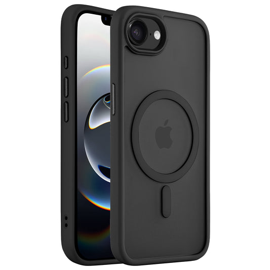 Schwarzes iPhone mit Arktis iPhone 16e Solid Case mit MagSafe, mattschwarzes Finish, zeigt den vorderen Bildschirm und die Rückseite mit Apple-Logo.