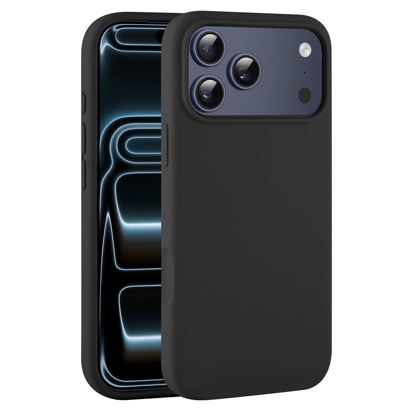 Ein schwarzes arktis iPhone 17 Pro Silikon Case ist auf einem Smartphone abgebildet, das den vorderen Bildschirm und die hintere Dreifachkamera zeigt. Diese arktis Hülle unterstützt kabelloses Laden für zusätzlichen Komfort.