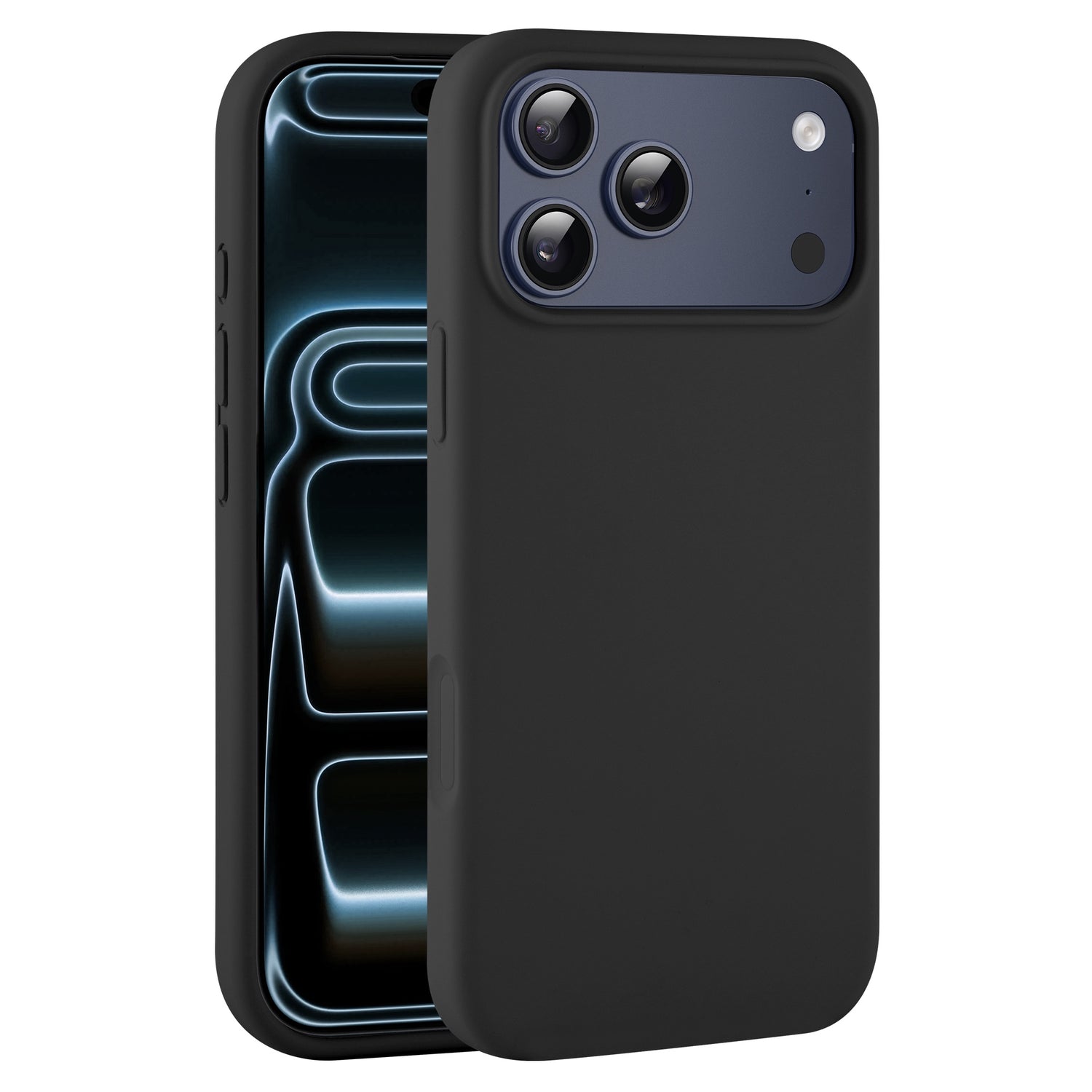 Ein schwarzes arktis iPhone 17 Pro Silikon Case ist auf einem Smartphone abgebildet, das den vorderen Bildschirm und die hintere Dreifachkamera zeigt. Diese arktis Hülle unterstützt kabelloses Laden für zusätzlichen Komfort.