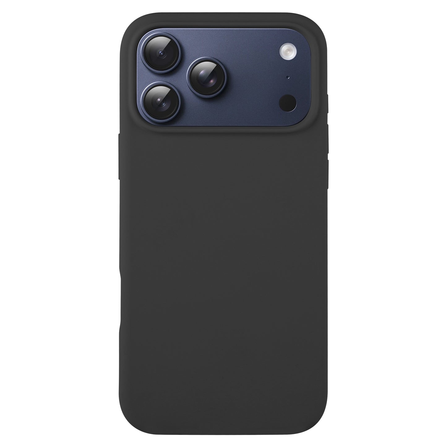 Das arktis iPhone 17 Pro Silikon Case in Schwarz, hier von der Rückseite, verfügt über präzise Kameraausschnitte und unterstützt kabelloses Laden.