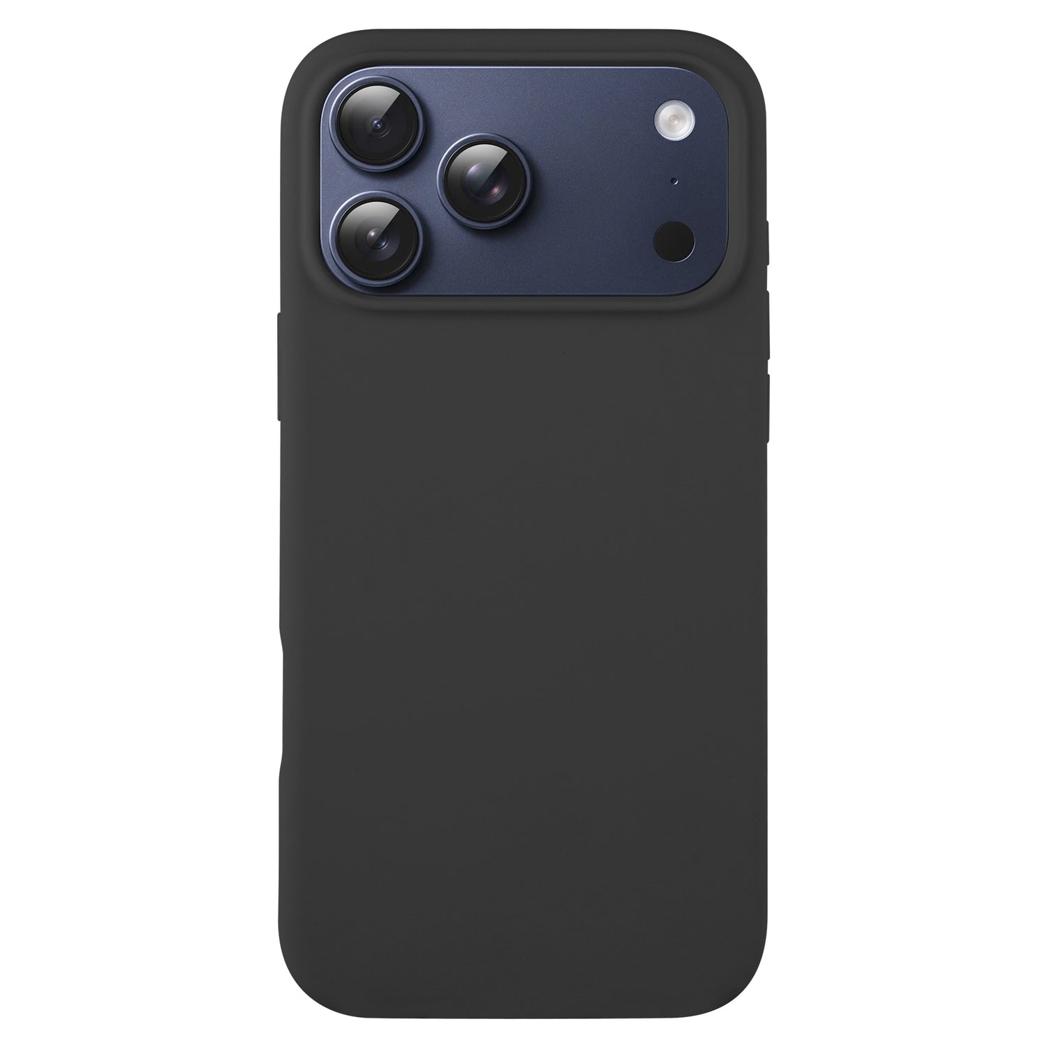 Das arktis iPhone 17 Pro Silikon Case in Schwarz, hier von der Rückseite, verfügt über präzise Kameraausschnitte und unterstützt kabelloses Laden.
