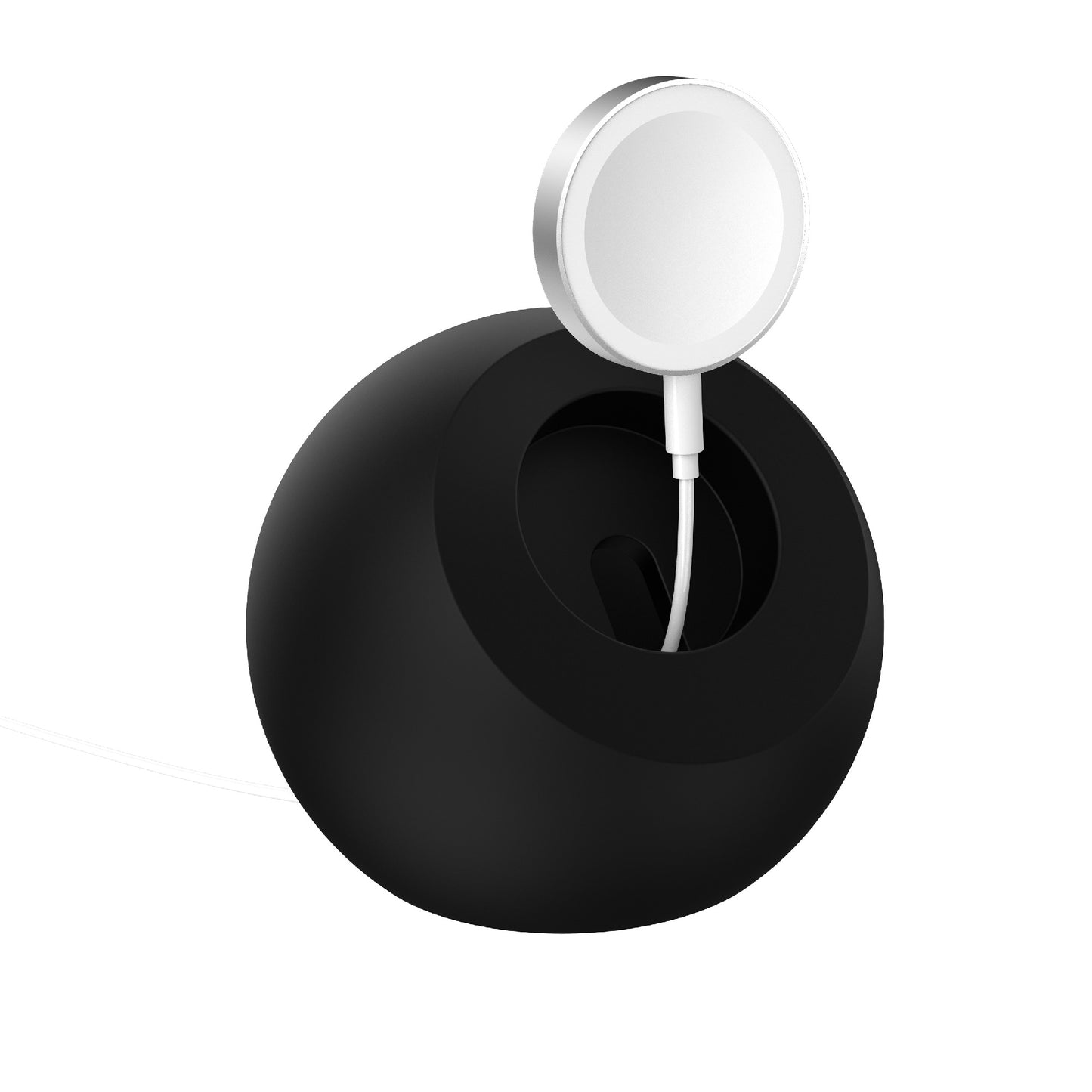 Der arktis Apple Watch Orbit Stand von arktis ist ein schwarzer, runder Halter, der das magnetische Ladegerät und das Kabel Ihrer Apple Watch ordentlich aufbewahrt - ideal für ordentliches Laden.