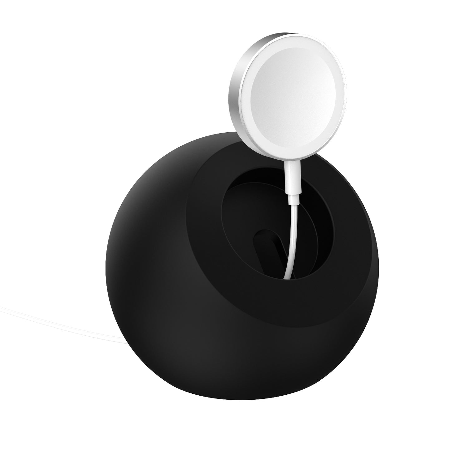 Der arktis Apple Watch Orbit Stand von arktis ist ein schwarzer, runder Halter, der das magnetische Ladegerät und das Kabel Ihrer Apple Watch ordentlich aufbewahrt - ideal für ordentliches Laden.