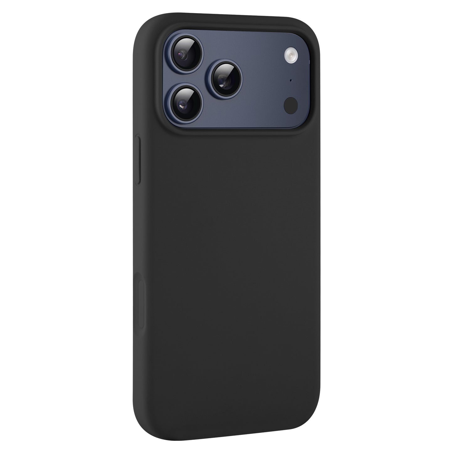 Das arktis iPhone 17 Pro Silikon Case, eine schwarze, matte Hülle mit drei Kameraausschnitten, unterstützt kabelloses Laden. Es wurde von arktis entworfen und wird aufrecht vor einem weißen Hintergrund gezeigt.