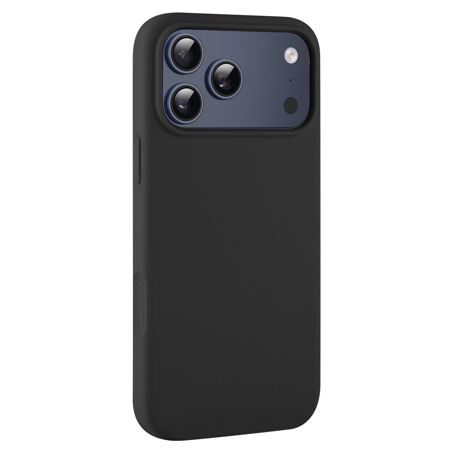 Das arktis iPhone 17 Pro Silikon Case, eine schwarze, matte Hülle mit drei Kameraausschnitten, unterstützt kabelloses Laden. Es wurde von arktis entworfen und wird aufrecht vor einem weißen Hintergrund gezeigt.
