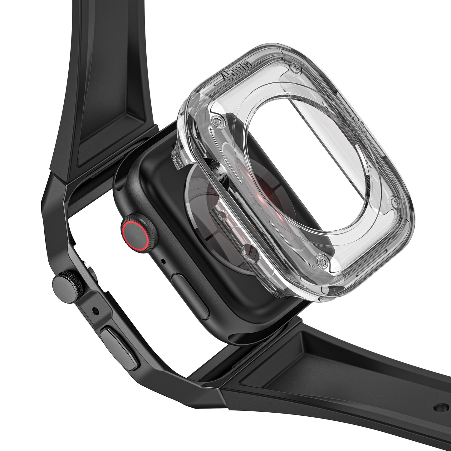 Das arktisband Apple Watch Armband "Metal Fusion" von arktisband wird in Schwarz mit einer teilweise angebrachten transparenten Schutzhülle gezeigt, die die seitlichen Knöpfe und die digitale Krone sichtbar macht.