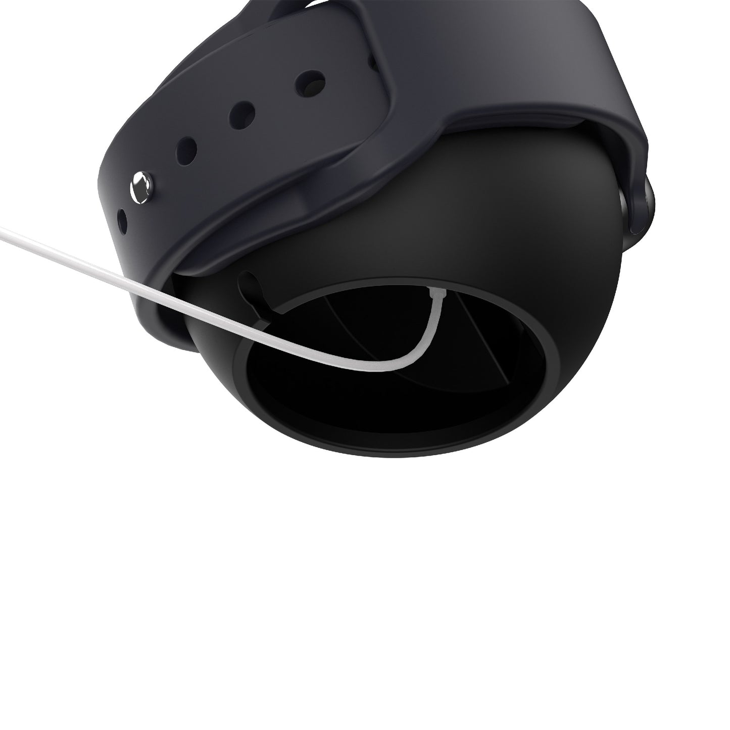 Nahaufnahme des Apple Watch Orbit Stands von arktis, der ein Ladekabel befestigt und das kabellose Laden vor einem weißen Hintergrund zeigt.