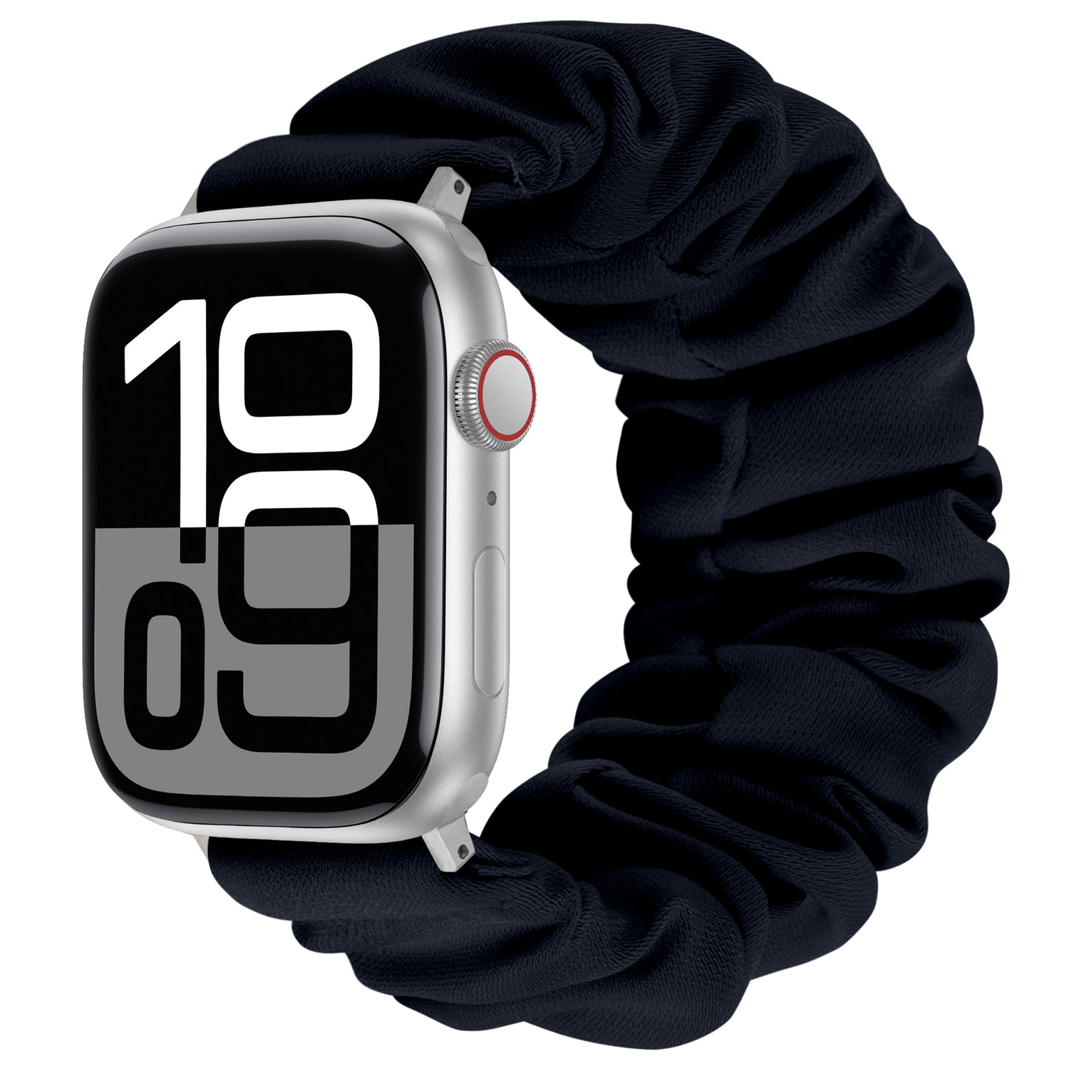 Das arktisband Apple Watch Armband "Elanora" besteht aus einem schwarzen Stretch-Nylonband im Scrunchie-Stil und einer auffälligen Digitaluhr mit der Anzeige 10:09.