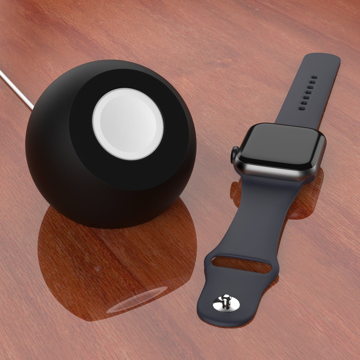 Der arktis Apple Watch Orbit Stand von arktis ruht auf einer hölzernen Oberfläche und hält eine Smartwatch und ihre schwarze, runde Ladestation für stilvolles kabelloses Laden.