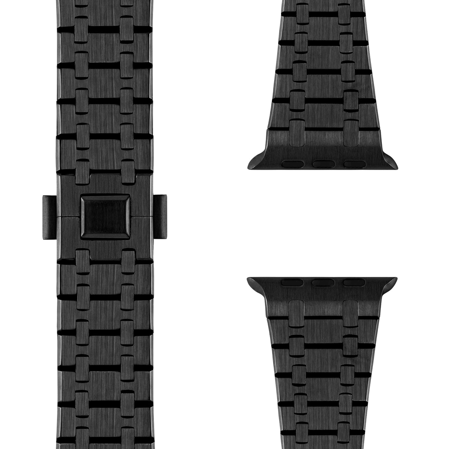 Das arktisband Edelstahl Armband „Symphony“ für die Apple Watch aus 316L Edelstahl wird in Schwarz mit Butterfly-Verschluss und zwei Verbindern auf weißem Grund gezeigt.
