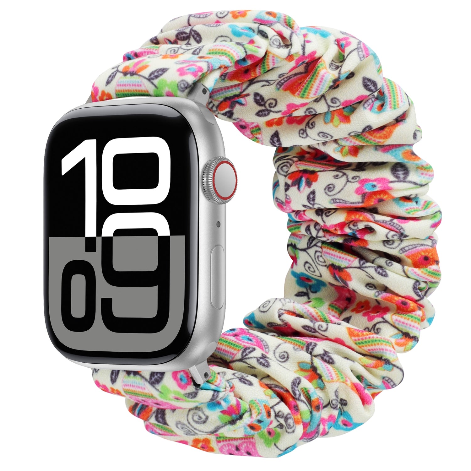 Die Apple Watch von arktisband ist mit dem geblümten Haargummi "Elanora" versehen und zeigt auf ihrem Display die digitale Uhrzeit an.
