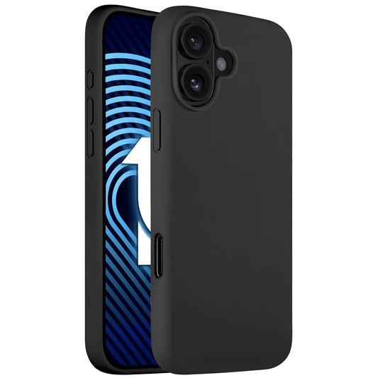 Das Arktis iPhone 16 Plus Silikon Case in Schwarz schützt Ihr Smartphone mit schlankem Design. Kompatibel mit kabellosem Laden; abgebildet auf einem iPhone 16 Plus mit blau gestreiftem Bildschirm und der Zahl 10.