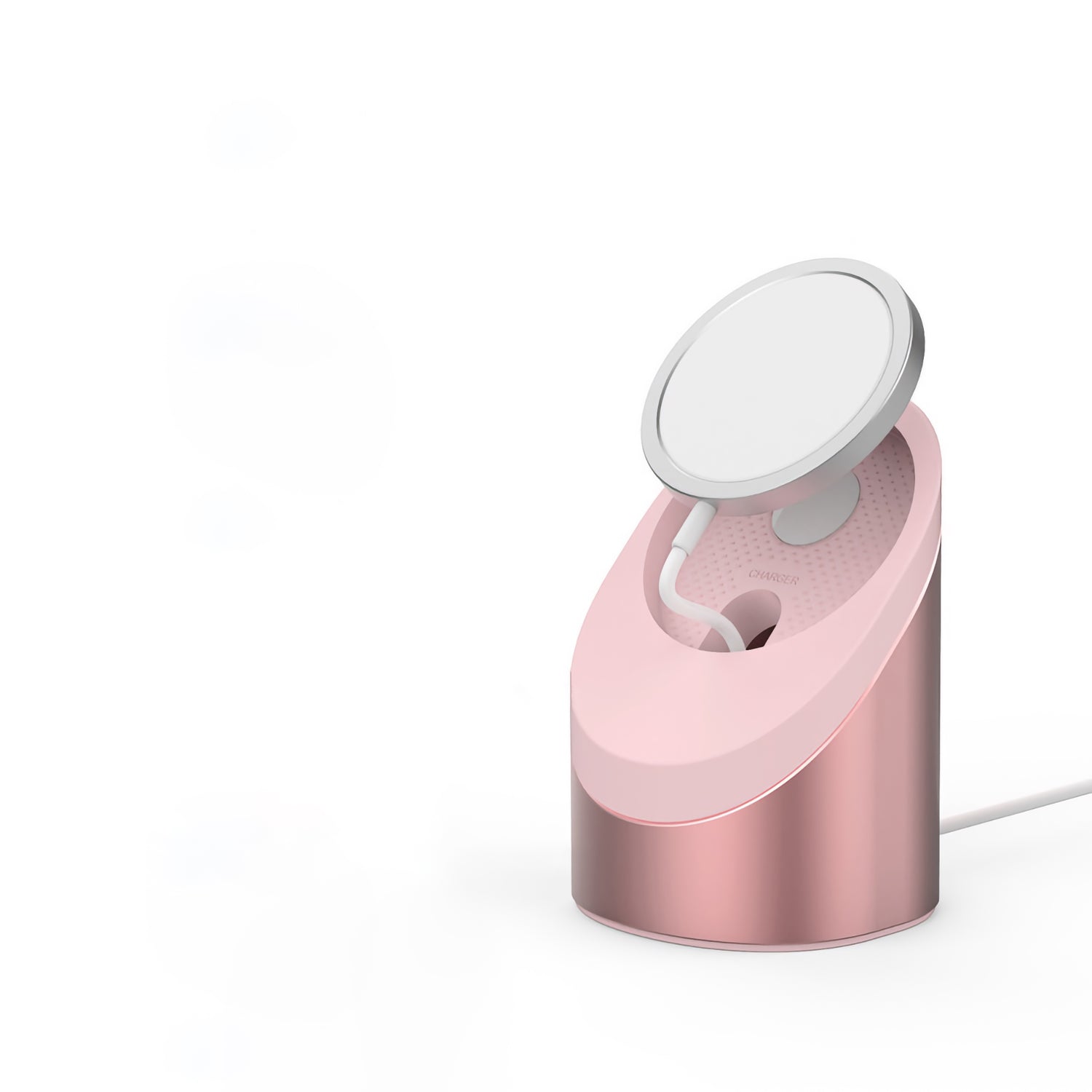 Der arktis MagSafe NightStand von arktis ist eine rosa und silberne kabellose Ladestation mit einem runden magnetischen Ladepad und einem Kabel.