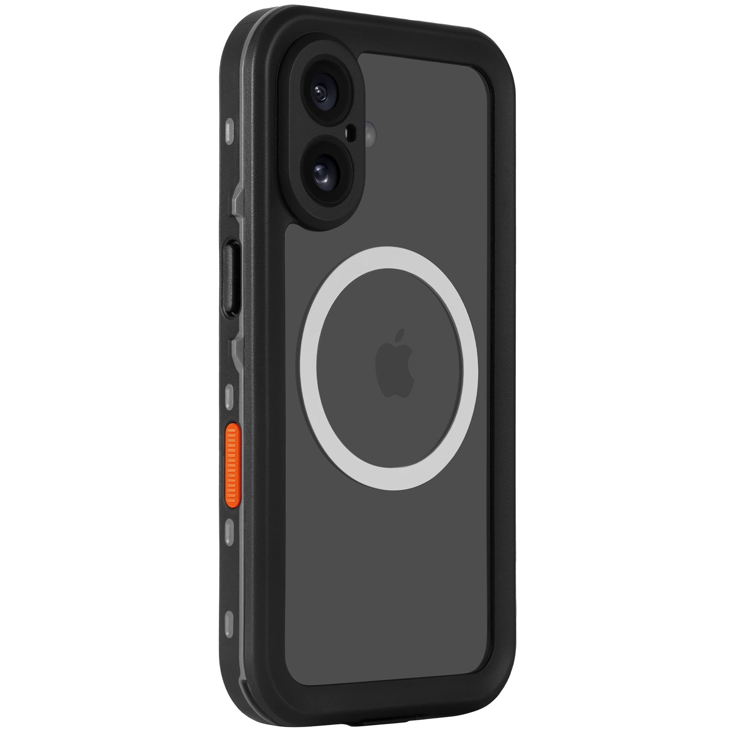 Das arktis iPhone 16 Wasserdichtes Actioncase von arktis: Schwarzes, robustes Case mit MagSafe-Ring, orangem Button und transparenter Rückseite für Apple-Logo. Staubdicht, wasserdicht & stoßfest – optimaler Geräteschutz.