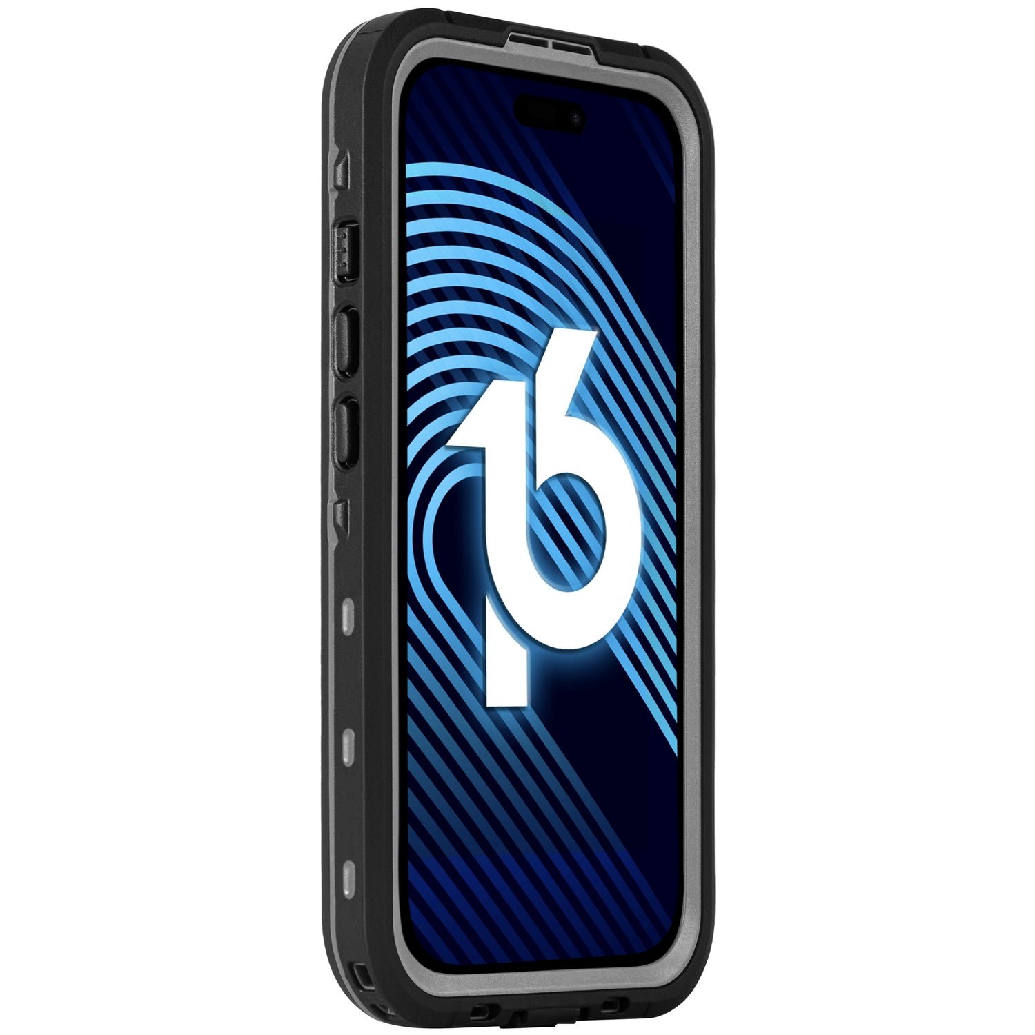 Das arktis iPhone 16 Wasserdichtes Actioncase von arktis ist eine staubdichte, wasserdichte und stoßfeste schwarze Hülle, abgebildet mit einem blau-weißen abstrakten Design und der Zahl 16 auf dem Smartphone-Display.