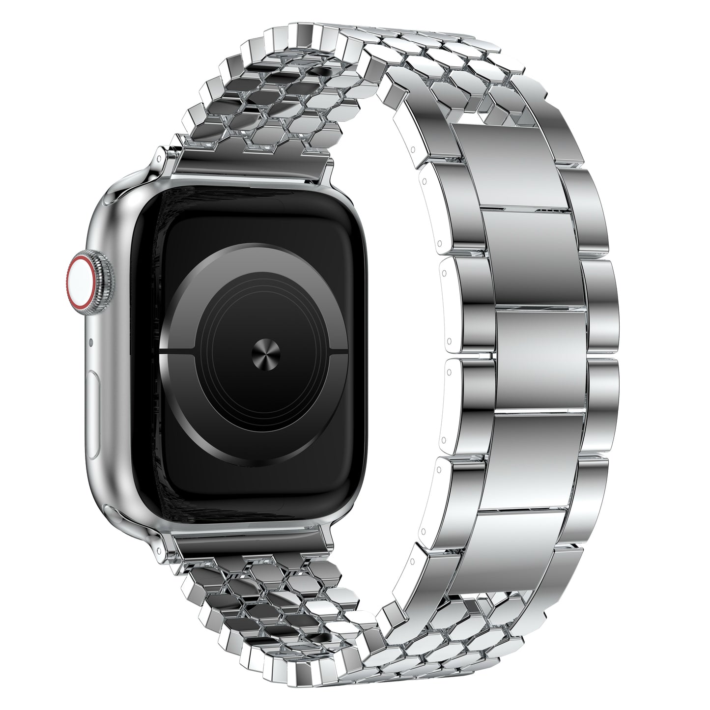 Arktisband Apple Watch Edelstahl Armband "Polaris": Silbernes, verstellbares Metallarmband für optimalen Tragekomfort, am Handgelenk an einer Apple Watch aus seitlicher Perspektive gezeigt.